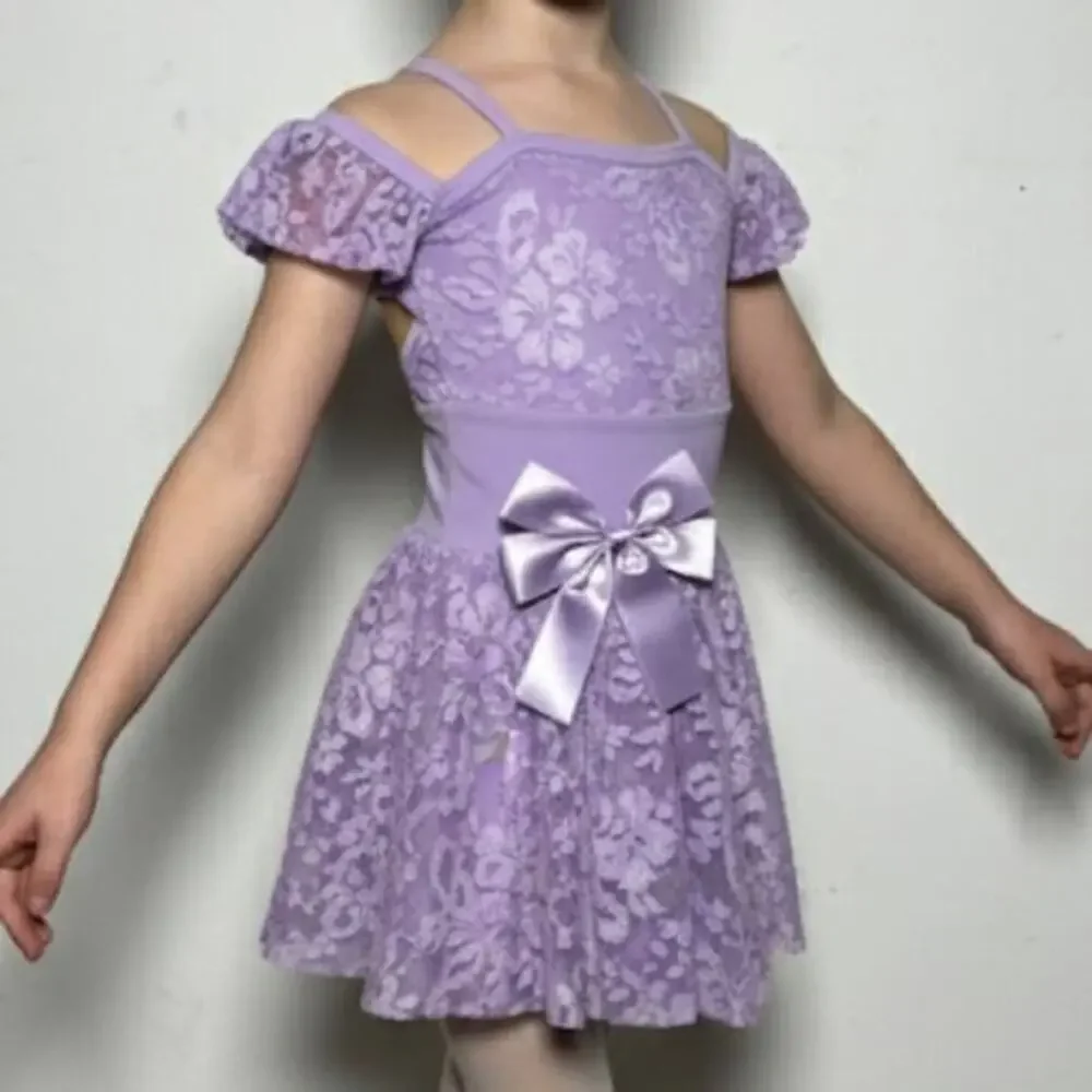 Theatricals Child Lavender Lace Off-Shoulder Dance Leotard Costume Dress CXS NWT
